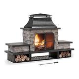 Sunjoy 48-Inch Wood Burning Stone Fireplace with Fire Poker