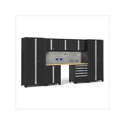 NewAge Garage Cabinets PRO Series Black 8-Piece Set with Bamboo Top, Slatwall Hook Kit and LEDs