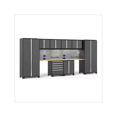 NewAge Garage Cabinets PRO Series Grey 10-Piece Set with Bamboo Top, Slatwall Hook Kit and LEDs
