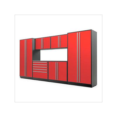Proslat Garage Cabinets 7-Piece Glossy Red Cabinet Set with Silver Handles and Stainless Steel Worktop