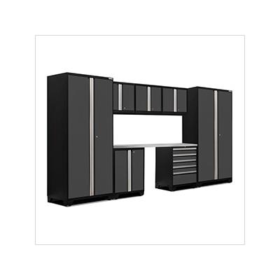 NewAge Garage Cabinets PRO Series Grey 8-Piece Set with Stainless Steel Top and LED Lights