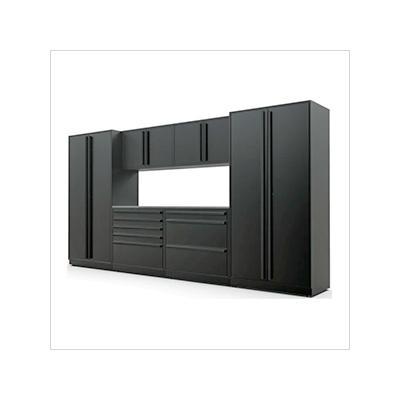 Proslat Garage Cabinets 7-Piece Mat Black Cabinet Set with Black Handles and Stainless Steel Worktop