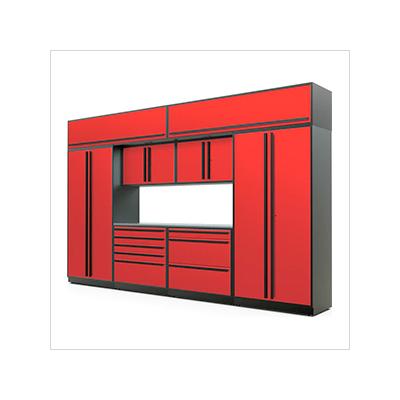 Proslat Garage Cabinets 9-Piece Glossy Red Cabinet Set with Black Handles and Stainless Steel Worktop