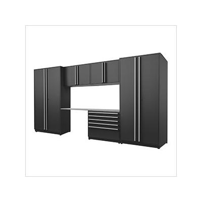 Proslat Garage Cabinets 6-Piece Mat Black Cabinet Set with Silver Handles and Stainless Steel Worktop
