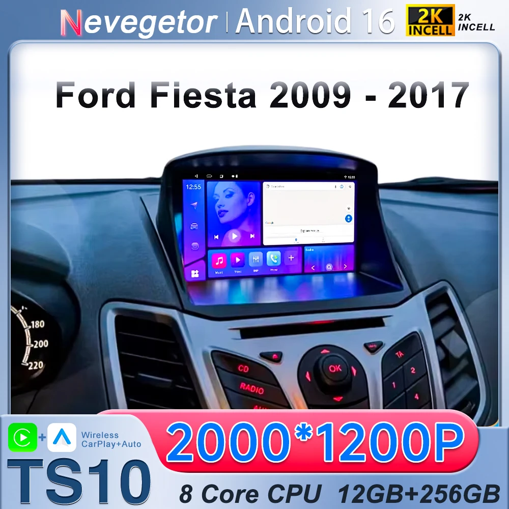 Android 16 Autoradio für Ford Fiesta 2009 - 2014 2 Din 9 Zoll Multimedia Stereo Carplay Navigation GPS Auto-DVD-Player Bluetooth