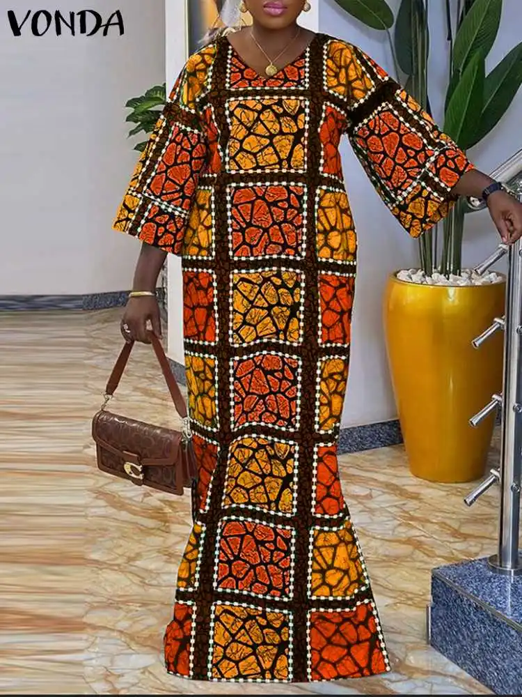 Vonda 2024 Sommer böhmische Frauen bedrucktes Kleid 3/4 Flare Ärmel Vintage Sommerkleid lose V-Ausschnitt lässig Maxi Robe Vestido Femme Image