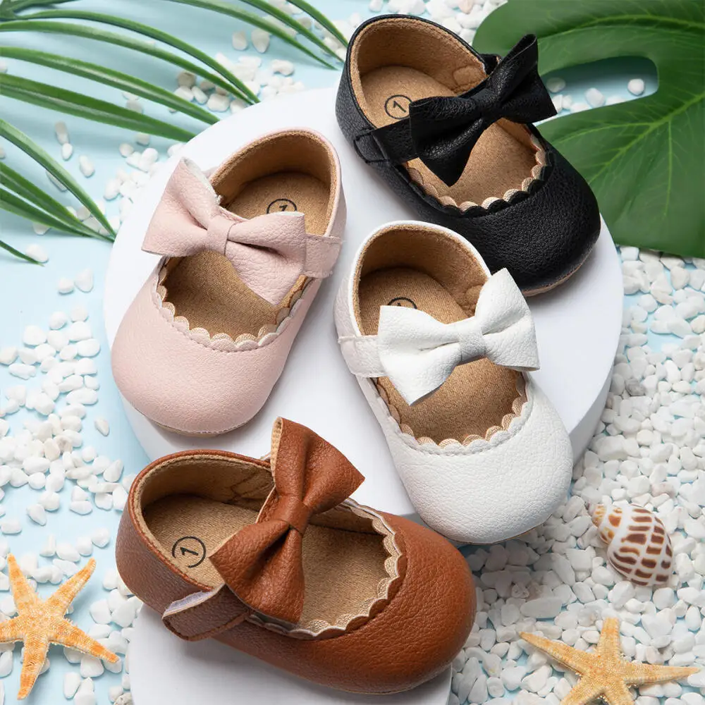 Retro Neue Neugeborenen Baby Wanderschuhe Frühling Herbst Einfarbig Bogen Prinzessin Schuhe PU Anti-slip Weiche Gummi Unten baby Casual Image