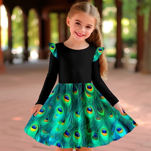 Mädchen' 3D Feder Rüschenkleid Langarm 3D-Druck Herbst Winter Sport Natur Täglich Festtage Kuschelig Brautkleider schlicht Schön kinderkleidung 3-12 Jahre Casual kleid A Linie Kleid Übers Knie Image