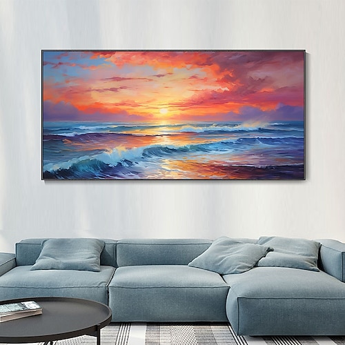 handgemaltes Ölgemälde mit Meereslandschaft, Sonnenaufgang, Wandkunst, Strandstruktur, Leinwandgemälde, Wandkunst, Meer, Sonnenuntergang, Wolke, Reflexion, Landschaftsmalerei, Sofa-Hintergrund, Image