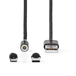 Nedis USB Cable - USB 2.0 - USB-A Male - USB Micro-B Male / USB-C Male - 10 W - No Data Transfer - Nickel Plated - 2.00 m - Round - Nylon - Black - Box Image