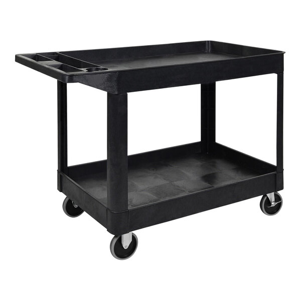 Luxor 45 1/2" x 25 3/4" x 33" Black Plastic Heavy-Duty 2-Shelf Utility Tub Cart with 2 Outrigger Bins XLC11-B-OUTRIG