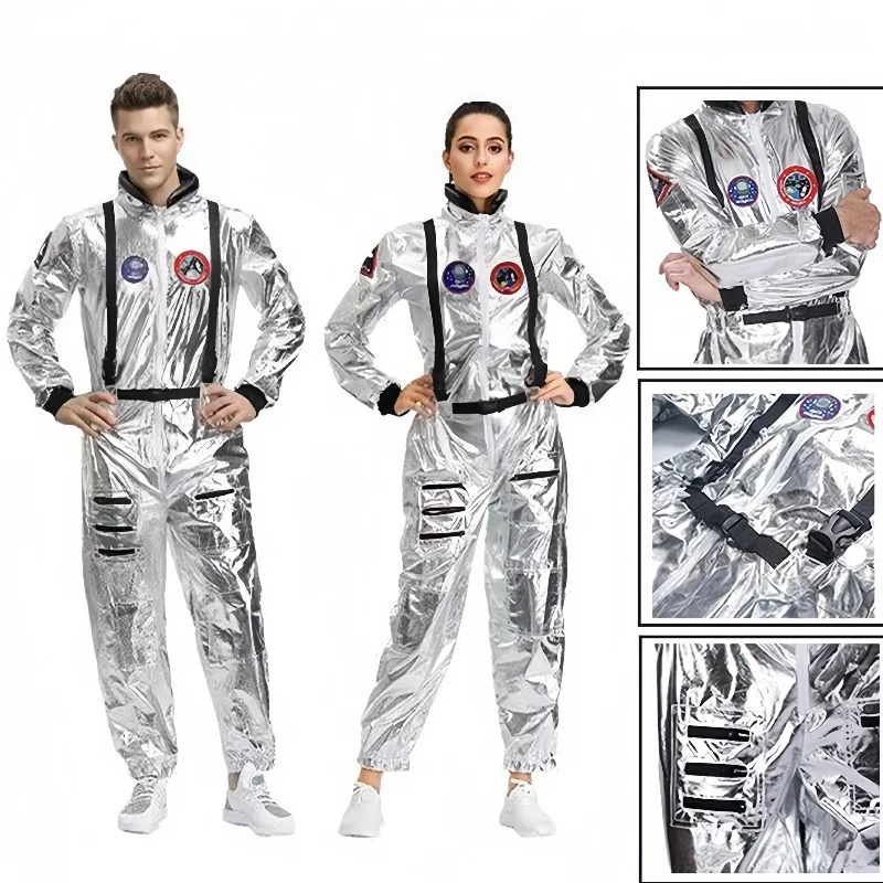Silbernes Astronauten-Cosplay-Kostüm für Erwachsene für Damen und Herren, Cosplay-Kostüme, Spaceman-Overall, Raumanzug-Outfit, Halloween Image