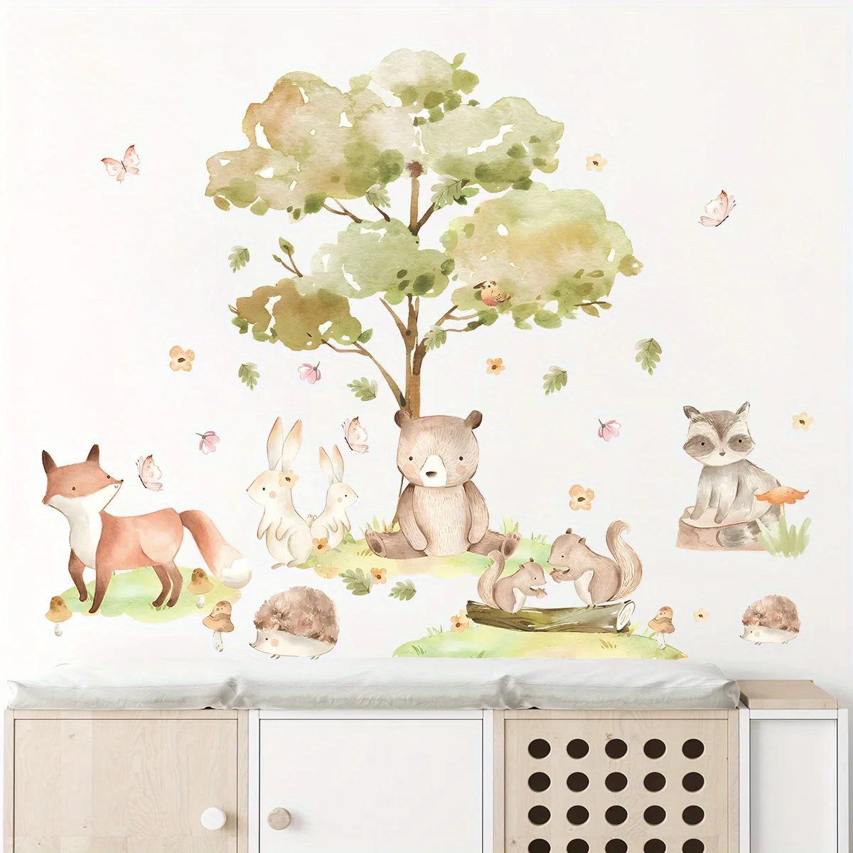 Wandaufkleber mit Cartoon-Motiv, niedlicher brauner Bär, Fuchs, Kaninchen, Baum, Waldtier, für Schlafzimmer, Wohnzimmer, Kinderzimmer, Dekoration