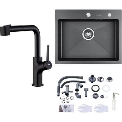 Lonheo - Edelstahl Küchenspüle Einbauspüle 55 × 45 cm + Hochdruck ausziehbar Küchenarmatur, Schwarz Image