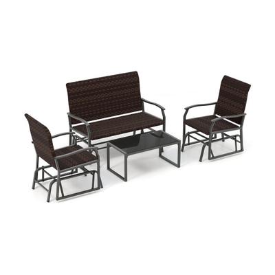 Costway 4 Piece Patio Gliding Set Wicker Swing Glider Furniture Set All Weather witrh Tempered Glass Coffee Table-Brown
