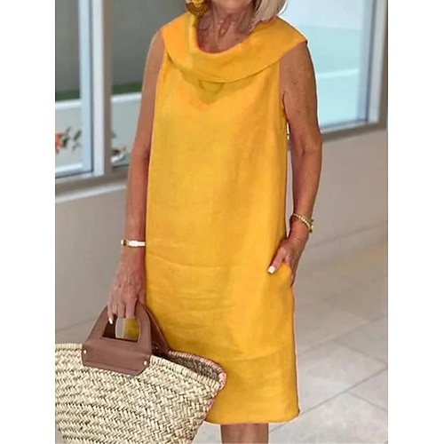 Damen Knielanges Kleid Kunstbaumwollleinen Sommerkleid schwarzes kleid Freizeitkleid Basic Modern Täglich Wochenende Lässiger Schnitt Einfach Ärmellos Rundhalsausschnitt Blau Schwarz Gelb Königliches Image