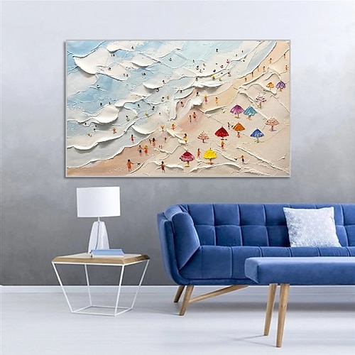 handgemaltes Happy Coast Gemälde Schwimmen Gemälde individuelles Gemälde Struktur Welle Strand Ölgemälde Wandkunst personalisiertes Geschenk Sommer Kunst Küstenkunst Menschenmassen am Ufer Gemälde Image