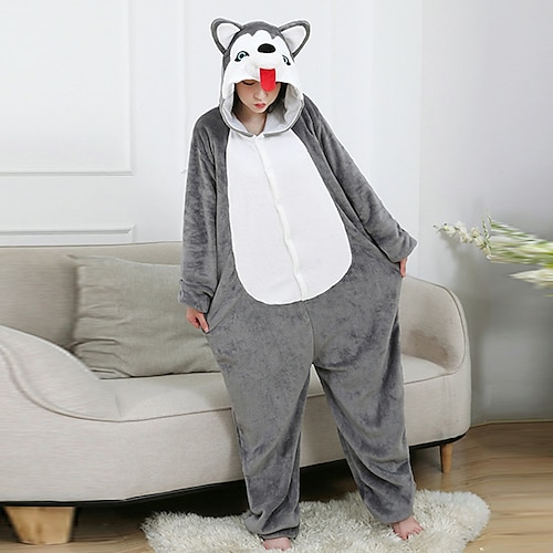 Karnevalskostüm 2026 Tier Hund Husky Karneval Kigurumi-Pyjamas Ausgefallene Kostüme Onesie-Kostüm Warm Bequem Erwachsene Unisex Männer und Frauen Halloween Karneval Party Leistung Hausbekleidung Image
