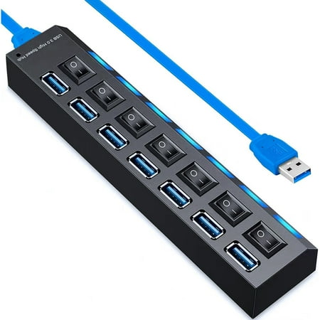 7 Port USB 3.0 Hub Multi Port USB Splitter USB A Port Data Hub with Independent On/Off Switch and LED Indicators Lights for Laptop PC Computer Mobile HDD Flash Drive and More Black