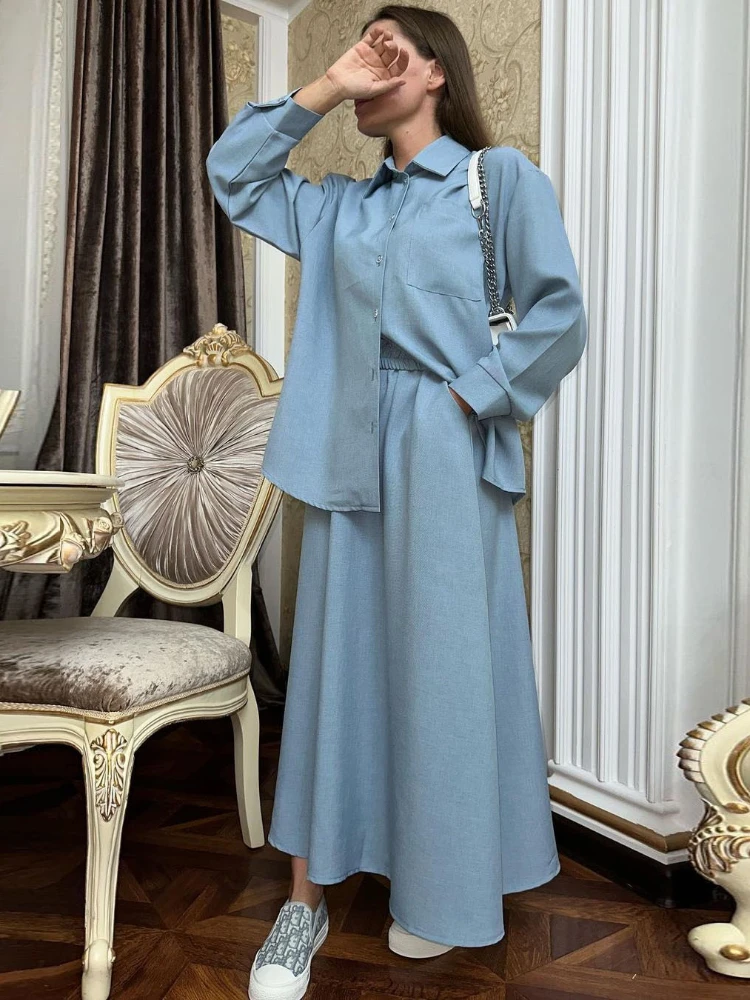 Frauen eid muslim setzt zwei Stücke einreihige Knopf blusen & Rock Musulman Ensemble flache Kaftan Marokko lässig einfarbig Image