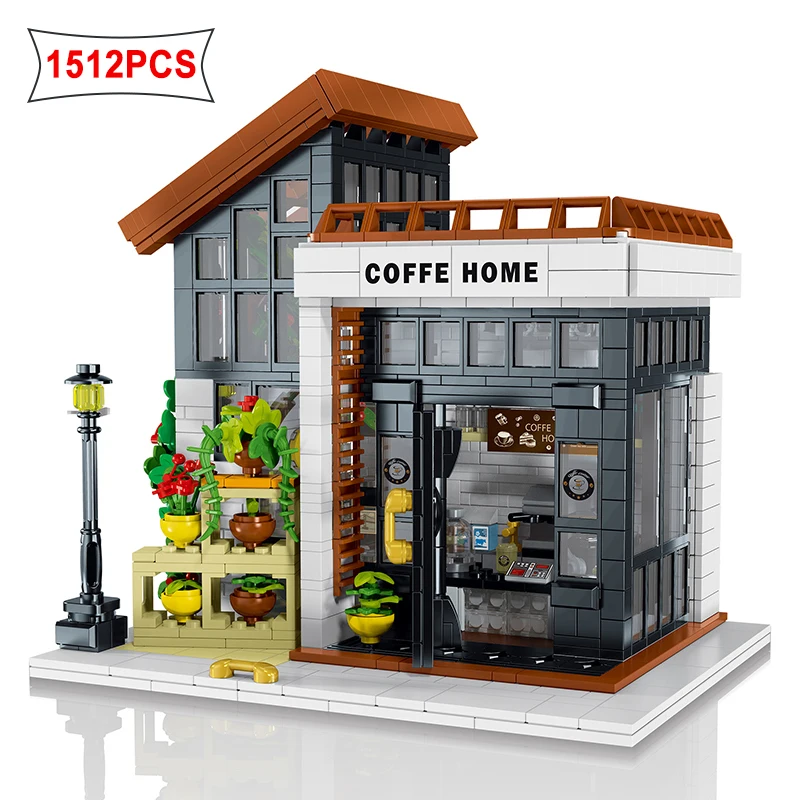 Kreative Stadt Licht Sonnenschein Kaffeehaus Bausteine Modell Set Moc Street view modulare Architektur Jungen Spielzeug Kinder Geschenk Image