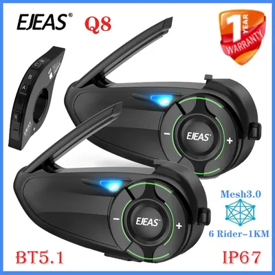 EJEAS Q8 Mesh Intercom Motorrad Helm Bluetooth Interphone BT5.1 Für 6 Fahrer 1000 M Sprechen Unterstützung Musik Teilen FM IP67 Image