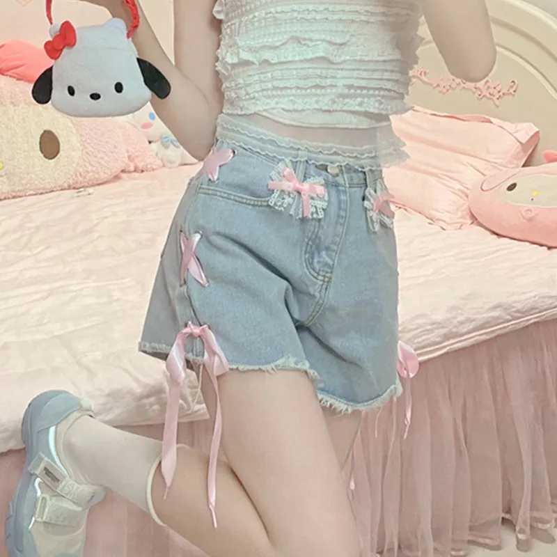 Sommer Süße Lolita Kurze Hosen Mädchen Kawaii Hohe Taille Casual Bogen Denim Shorts Frauen Koreanischen Stil Rosa Spitze Bandage Jeans 2023