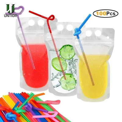 UNTIOR Magic Drink Pouches with Straw Resealable Ice Drink Pouches Smoothie Bags with Drinking Straws Reusable Juice Pouch