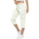 YDKZYMD Capri Cargo Pants for Women Outdoor High Waisted Hiking Baggy Pants Athletic Lightweight Summer Casual Joggers Pants Drawstring Golf Cropped Pants with Pockets White S