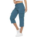 YDKZYMD Capri Cargo Pants for Women Outdoor High Waisted Hiking Baggy Pants Athletic Lightweight Summer Casual Joggers Pants Drawstring Golf Cropped Pants with Pockets Blue XXXL
