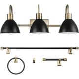 OUWI 63000058 5-Piece All-in-One Bathroom Accessory Set Matte Brass Finish 24 3-Light Vanity Light Black Metal Shades Towel Bar Toilet Paper Holder Towel Ring Robe Hook