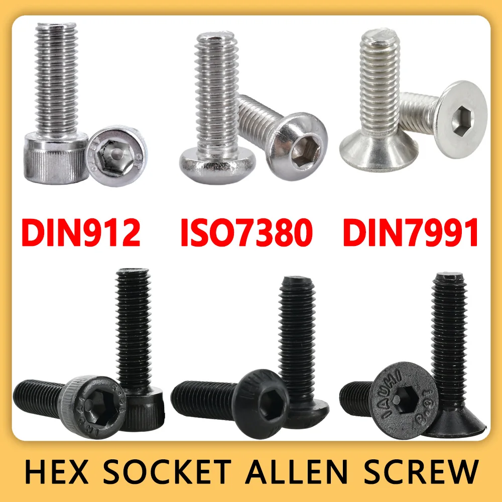 Innensechskantschraube aus Edelstahl 304, DIN912, Sechskant-Inbusschraube aus schwarzem Kohlenstoffstahl ISO7380, Metall-Maschinenschrauben DIN 7991, M2, M3, M4 Image