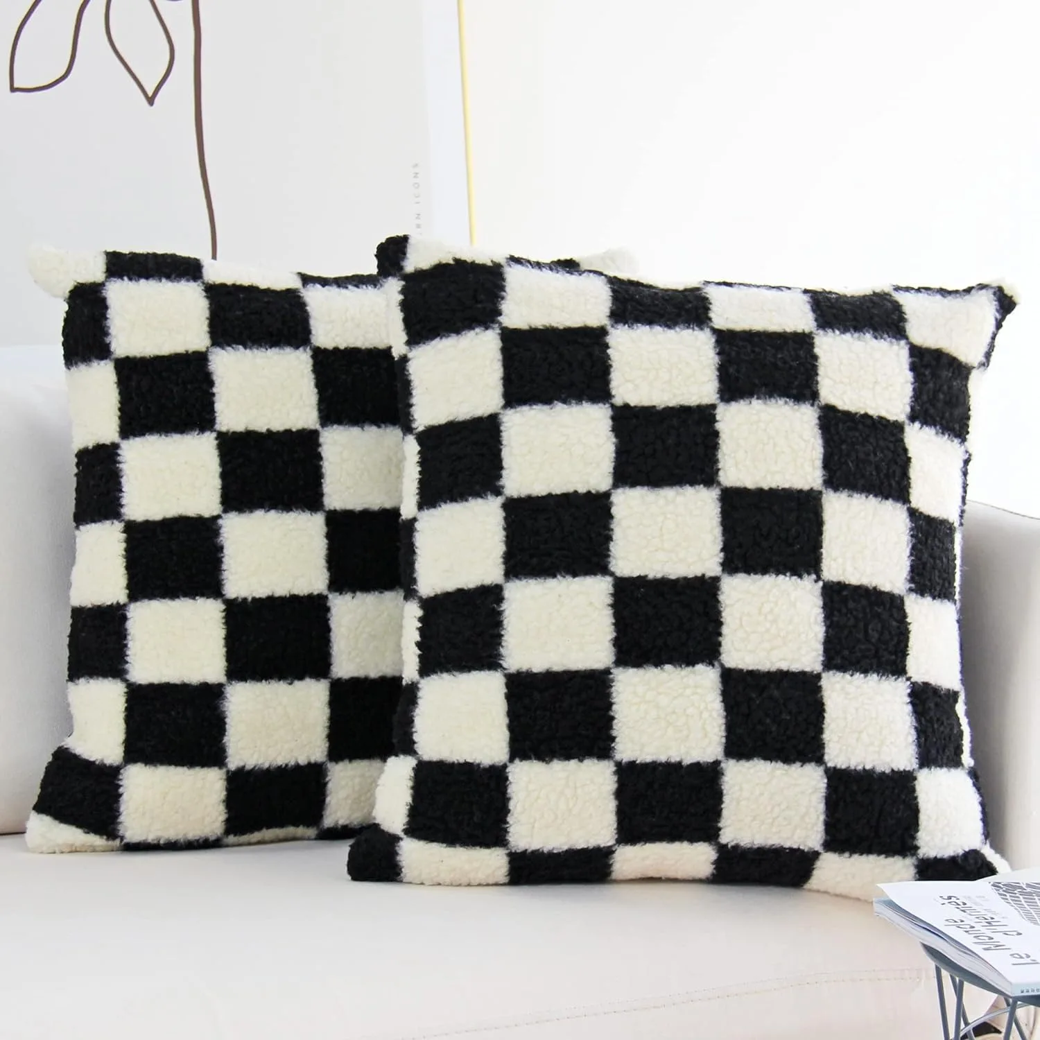 Schwarzer Kissenbezug aus Kunstpelz, Wolle, karierter Kissenbezug für Sofa, Couch, Wohnzimmer, Polyester, Lendenkissen, Heimdekoration Image