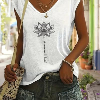 TEMU Women's Casual Sports T-shirt, Lotus Graphic V-neck Running Top, Women's Activewear Image