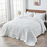 King Size Ruffle Patchwork Quilt Set 3-Piece Solid White Reversible Quilted Bedspread Coverlet Set Lightweight Comforter Boho Chic Bedding Set Bed Sheet Set Cover Blanket with 2 Pillow Shams