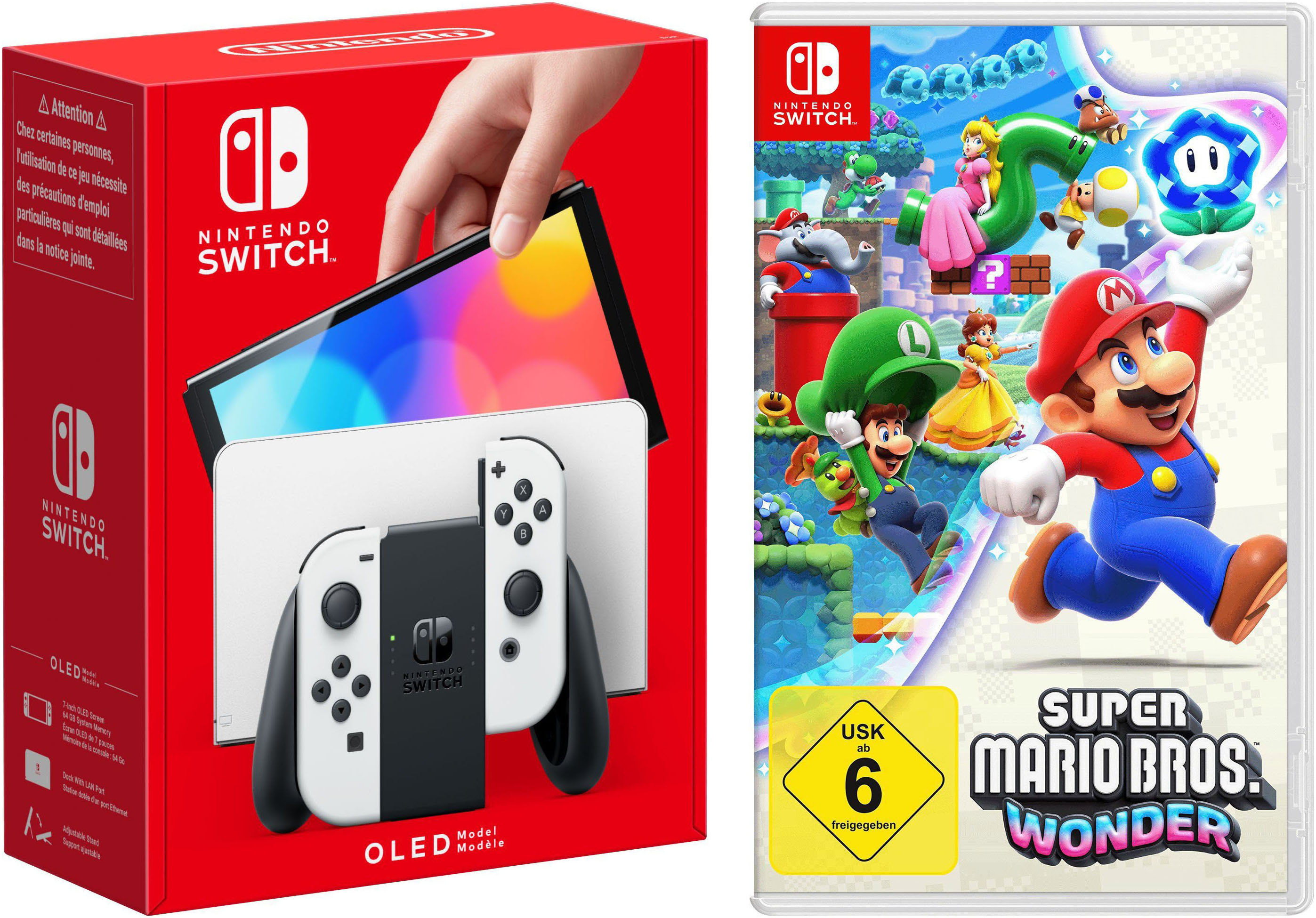NINTENDO SWITCH Konsolen-Set "OLED + Super Mario Bros. Wonder", schwarz-weiß (weiß, schwarz), B:24,2cm H:1,39cm T:10,2cm, Spielekonsolen, Topseller