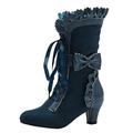 Womens Vintage Lace Wedge Boots Chunky Heel Pointed Toe Mid Calf Boots Classic Lace up Fall Boots Zipper Sexy Party Dress Booties Shoes Slip on Booties Shoes for Party Wedding Concert (#A-Blue, 7)