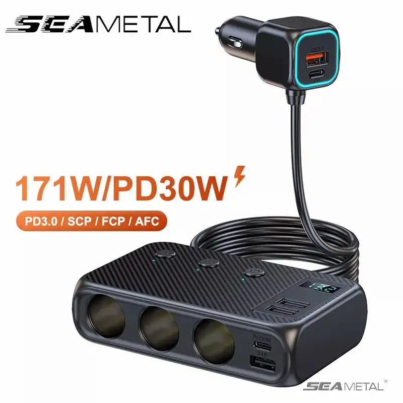 SEAMETAL Auto-USB-Ladegerät, 9-in-1, 171 W, schnelles Aufladen, Telefon-Ladegerät, Zigarettenanzünder-Adapter mit PD 30 W/QC 3.0, 6 USB-Anschlüssen Image