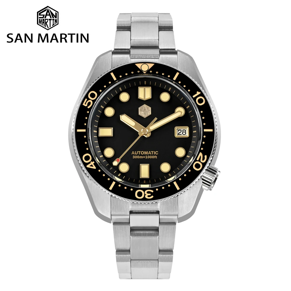 San Martin 44 mm MM300 Black Turtle NH35 Herrenuhr, mechanisch, Vintage-Saphir, Datumsfenster, vergoldetes Zifferblatt, 30 Bar, Reloj Hombre SN0087 Image
