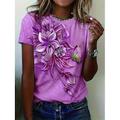 Damen T-Shirt Florales Rundhalsausschnitt Kurzarm 3D Schmetterlingsdruck Elegante Lässige Kleidung Frühling Sommer Komfort Fit Lila Multigrößen Mode Oberteil