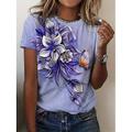 Damen T-Shirt Florales Rundhalsausschnitt Kurzarm 3D Schmetterlingsdruck Elegante Lässige Kleidung Frühling Sommer Komfort Fit Lila Multigrößen Mode Oberteil