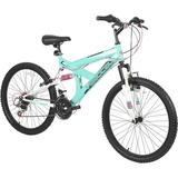 Vertical Dual Suspension Mountain Bike Girls 24 Inch Wheels with 18 Speed Grip Shiter and Dual Hand Brakes in Teal and Pink