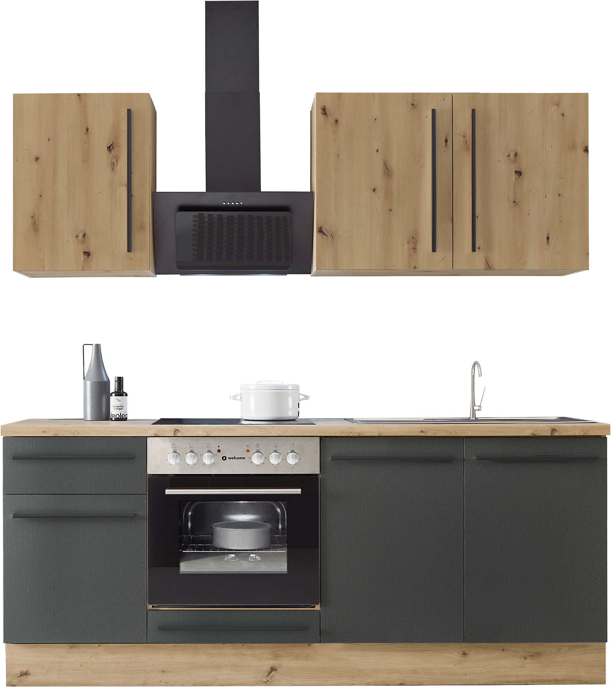 Küchenzeile KOCHSTATION "KS-Florida mit 38mm starker Arbeitsplatte", schwarz (küche: schwarz, front: schwarz, korpus: artisan eichefarben, arbeitsplatte: artisan eichefarben), B:210cm T:60cm, Komplettküchen-Sets, Küchenzeile, Breite 210 cm,...