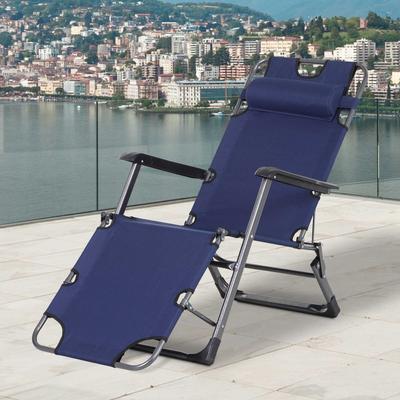 2-in-1 Beach Lounge Chair Sun Lounger with Pillow and Pocket, Foldable Sit-down Camping Chair Lay-down Sun Tanning Chair, Navy