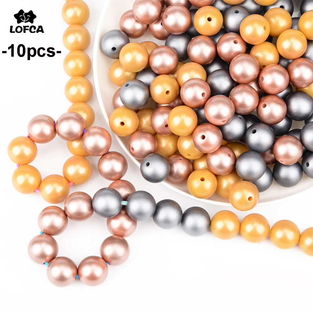 LOFCA 10 pièces imprimé argent métallique 12/15/19mm perles de dentition en Silicone bricolage à croquer bébés accessoires sans BPA bébé anneau de dentition