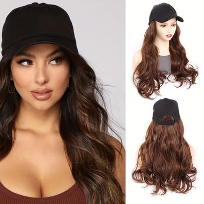 Baseball With Hair Extensions For Women Adjustable Hat With Synthetic Wig Attached 20inch Long Wavy Hair Black Baseball