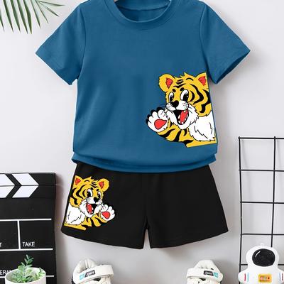 2pcs Baby's Cartoon Tiger Print Summer Set, T-shirt & Shorts, Baby Boy's Clothing, As Gift