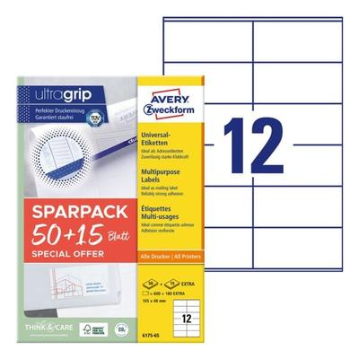 Avery Zweckform Universal-Etiketten permanent weiß 105x48 mm 780 Stück 6175-65 mit ultragrip weiß Image
