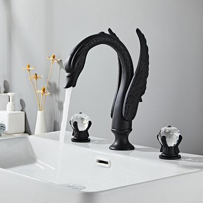 Widespread Bathroom Sink Mixer Faucet Swan Shape, Vintage Brass 3 Hole 2 Handle Basin Tap Deck Mounted, Washroom Basin Vessel Water Tap with Hot and Cold Hose