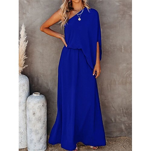 Damen Casual kleid Maxidress Gespleisst Urlaub Strassenmode Maxi Ein-Schulter 3/4 Ärmel Schwarz Rote Blau Farbe Image